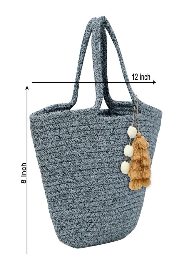 Ariya Women's Handbag with Tassel Charm (4161 | Light Gray) Handcrafted PP & Cotton Blend Shoulder Purse, Perfect for Ladies & Girls, Lightweight Tote Bag for Daily, Casual, Travel & All Occasions - Image 2